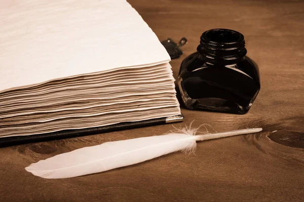 Boş eski günlük, mürekkep kuyusu ve bir tüy