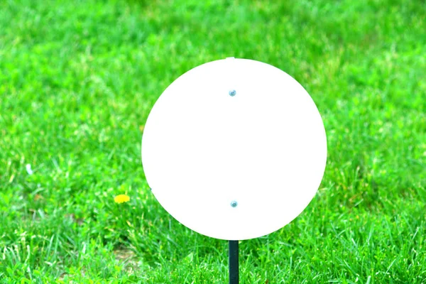 Empty White Plate Your Sign Signature Background Green Grass — Stock Photo, Image