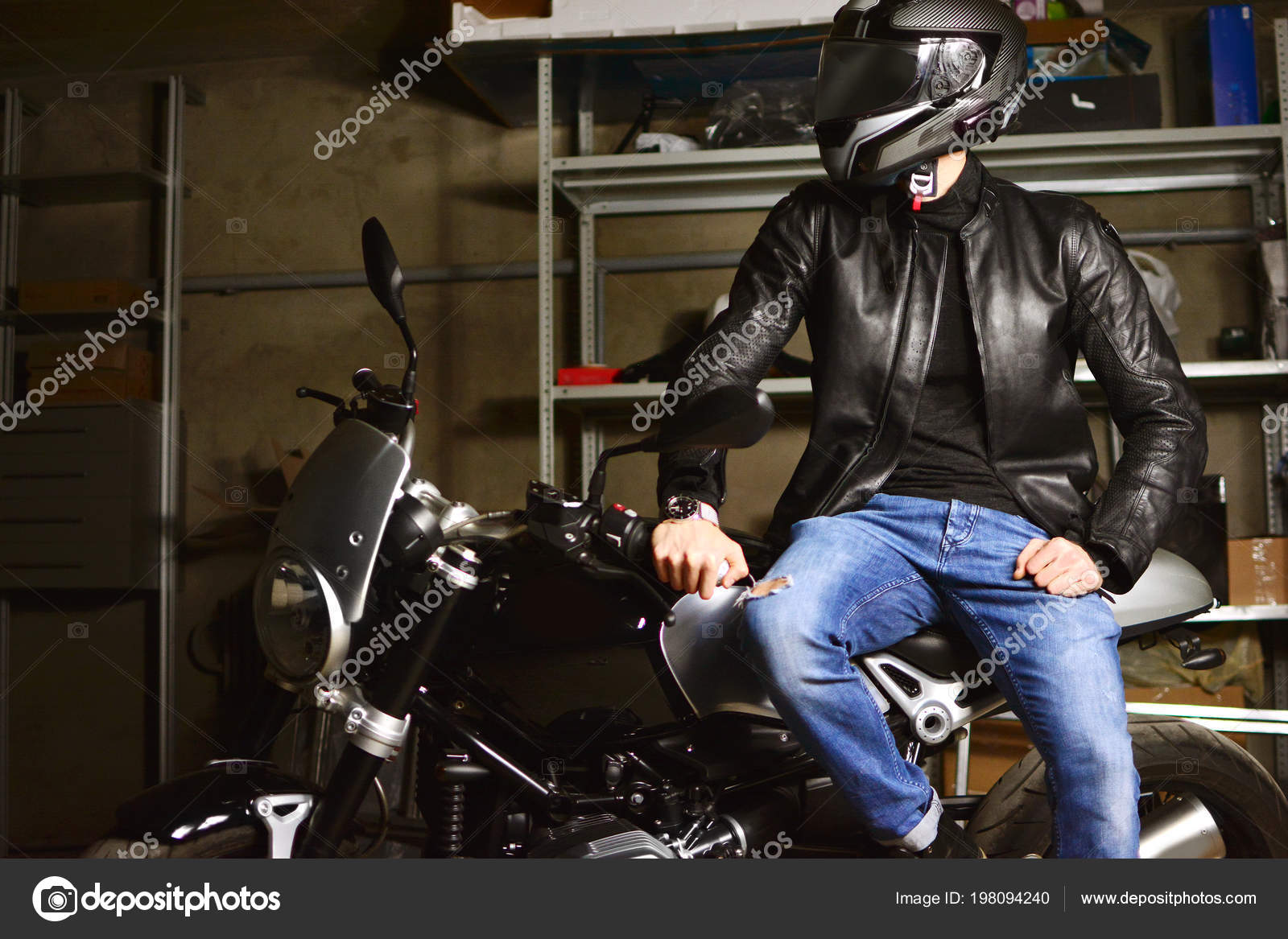 Cool Fashion Biker Sits Seat His Motorcycle Garage Stock Editorial Photo C Varavin