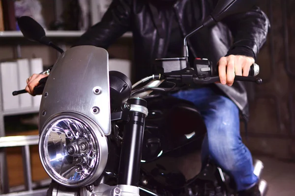 Closeup Motorcycle Headlamp Biker Preparing Leave Garage — Stock Photo, Image