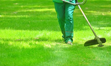 Üniformalı profesyonel bahçıvan bir bahçede çim keser