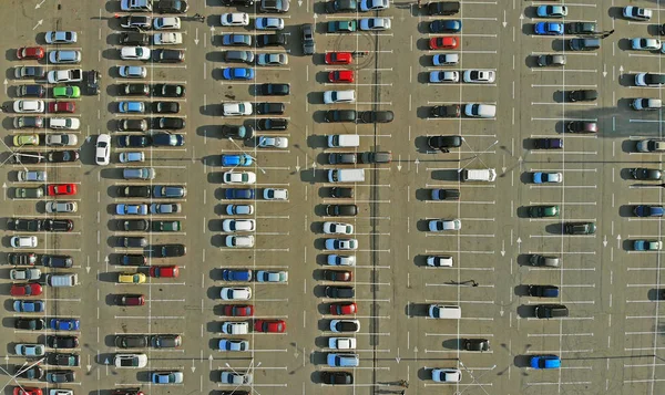 Parked cars on a parking lot. Aerial.