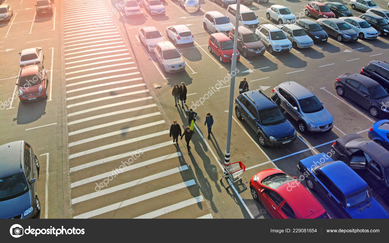 Pedestrian Crossing Parking Lot Next Entrance Mall Aerial People Mall