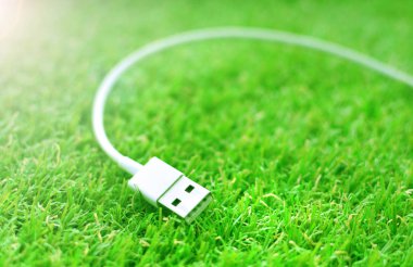 Yeşil çimenlerin üzerinde beyaz usb kablosu. 