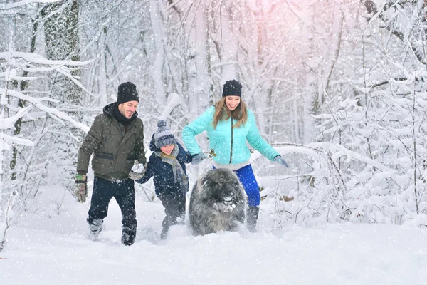 Gelukkige Familie Met Hond Buiten Een Winter Forest Moeder Spinto — Stockfoto