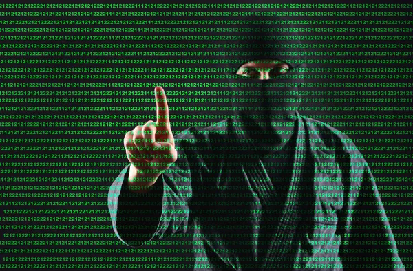 Hacker Hacken Computer Gegevens Proces Man Het Masker Werkt Met — Stockfoto