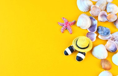 Turist şapka, Ayakkabı ve kabukları ile kopya alanı için bir yer yaz seyahat sarı arka plan