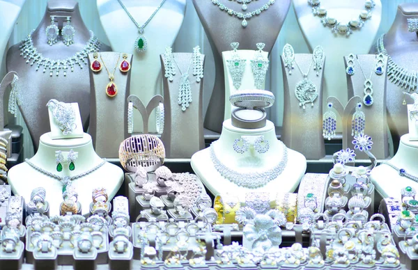 Jewelry in the window case of a jewelleries shop in gold bazaar