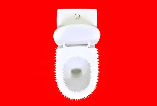Hemorróidas Conceito Problema Toalete Cerâmico Branco Com Picos Fundo Vermelho — Fotografia de Stock