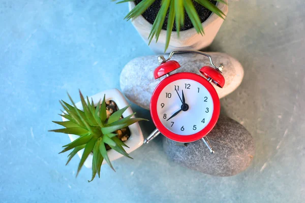 Concepto Tiempo Reloj Despertador Rojo Mesa Con Decoración Interior —  Fotos de Stock