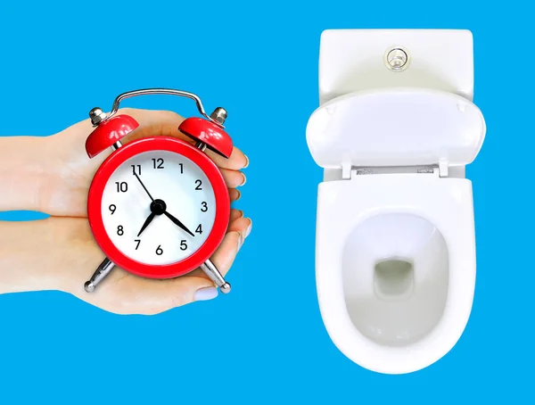 Waste Your Time Advice Female Hands Alarm Clock Toilet Wasting — Stock Photo, Image