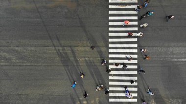 Hava. Zebra yaya yaya geçidi ve insan kalabalığı ile asfalt yol. Üstte görüntü.