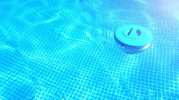Pool cleaning chemicals background. Floating chlorine  tablet dispenser for pools lies in water.