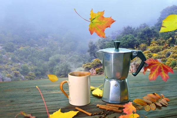 Autumn Mood Background Cup Coffee Italian Geyser Coffee Maker Falling — Stock Photo, Image