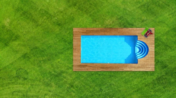 Aérea Piscina Con Agua Césped Hierba Verde Vista Superior Copiar — Foto de Stock