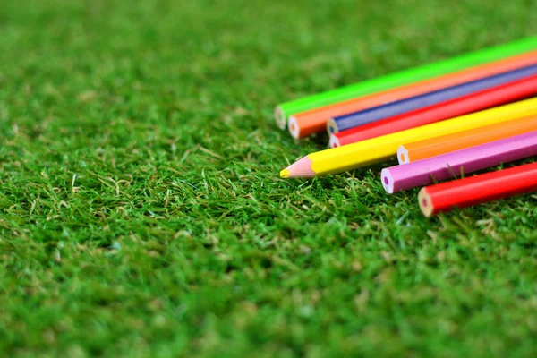 Colorful Pencils Lye Green Artificial Grass Photo Have Place Copy — Stock Photo, Image