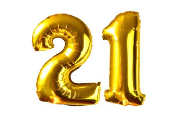 Beyaz izole altın parlak şişme balonlar ile Mutlu 21 yaşında parti