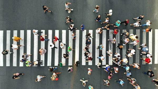 Aerial People Crowd Many People Going Pedestrian Crosswalk Top View — 스톡 사진