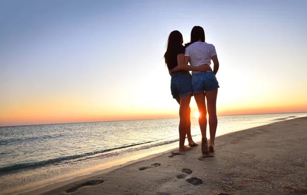 Mulheres Amizade Fundo Com Silhuetas Duas Meninas Abraçando Outro Contra — Fotografia de Stock