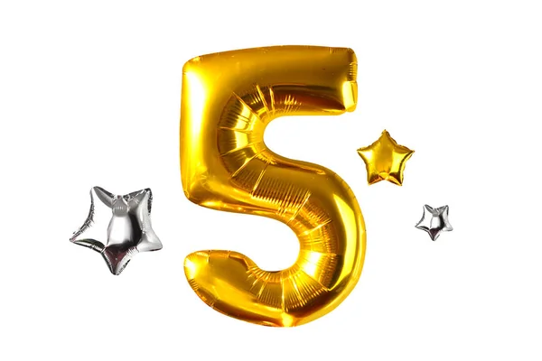 Feliz Número Cinco Balão Hélio Dourado Isolado Branco — Fotografia de Stock