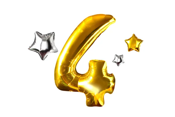 Gelukkige Nummer Vier Van Gouden Helium Ballon Geïsoleerd Wit — Stockfoto
