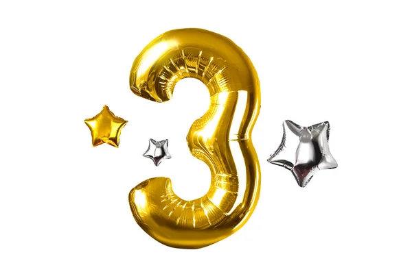 Feliz Número Três Balão Hélio Dourado Isolado Branco — Fotografia de Stock