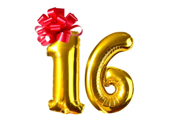 Number Sixteen Golden Helium Balloons Red Bow White Background — Stock Photo, Image