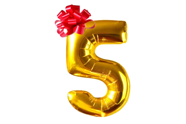 Number Five Golden Helium Balloons Red Bow White Background — ストック写真