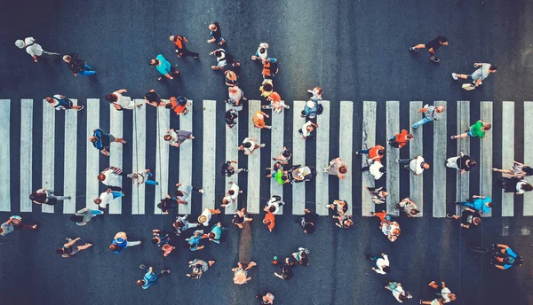 Aerial People Crowd Motion Pedestrian Crosswalk Top View Drone Toned — Stock Photo, Image