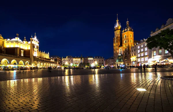 Night Krakow Main Square Lights Holidays Europe Background — Stock Photo, Image