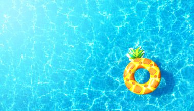 Şişirilebilir ananas oyuncağıyla havuz suyu dokusu. Üst Manzara. İşaret fişeği etkisi ile.   