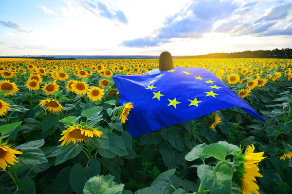 European Union flag in female hands against the sunflowers field