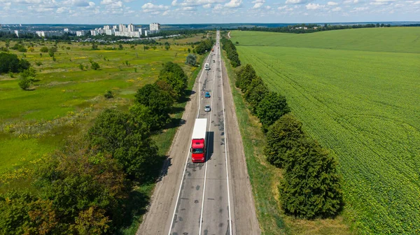 Transport Logistics Background Commercial Truck Cars Driving Highway View Drone — Stock Photo, Image