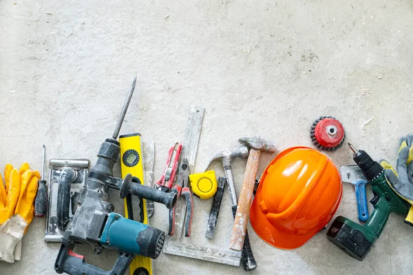 Construcción Fondo Con Las Herramientas Fila Suelo Hormigón — Foto de Stock