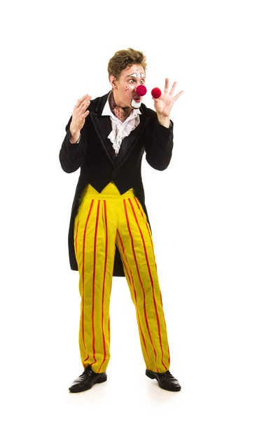 Een Gelukkig Clown Met Een Grappige Uitdrukking Geïsoleerde Beeld Witte — Stockfoto