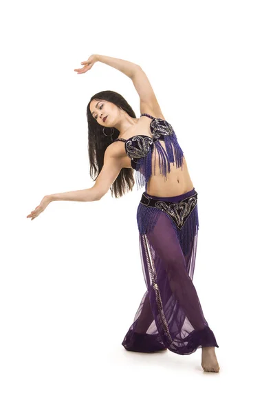 Attractive Brunette Girl Long Hair Dancing Belly Dance Isolated White — Stock Photo, Image