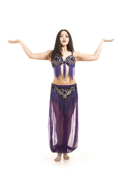 Attractive Brunette Girl Long Hair Dancing Belly Dance Isolated White — Stock Photo, Image