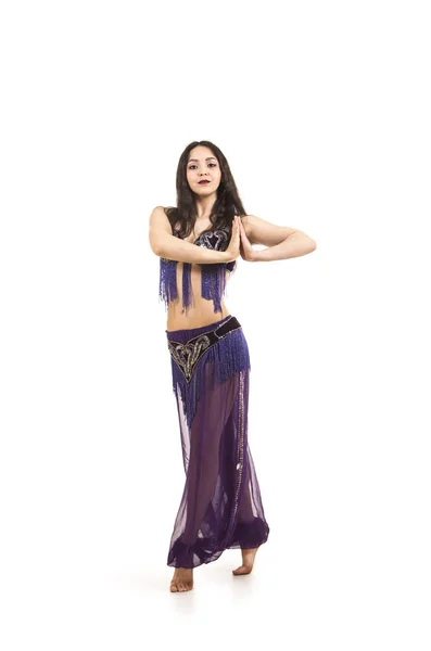 Attractive Brunette Girl Long Hair Dancing Belly Dance Isolated White — Stock Photo, Image