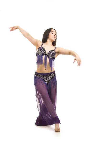 Attractive Brunette Girl Long Hair Dancing Belly Dance Isolated White — Stock Photo, Image