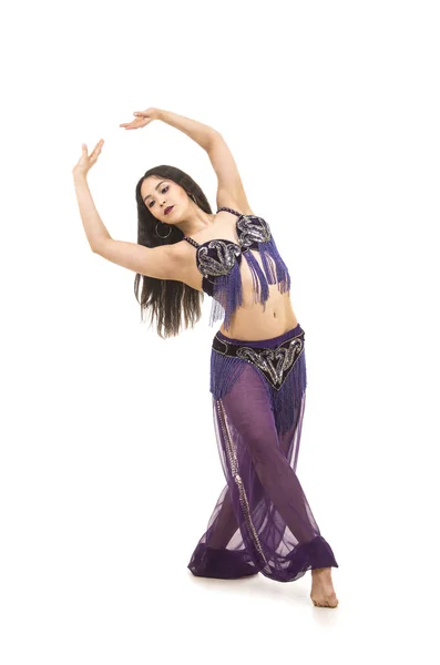 Attractive Brunette Girl Long Hair Dancing Belly Dance Isolated White — Stock Photo, Image