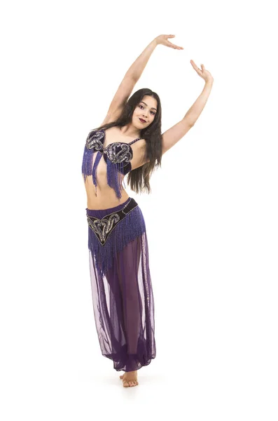 Attractive Brunette Girl Long Hair Dancing Belly Dance Isolated White — Stock Photo, Image