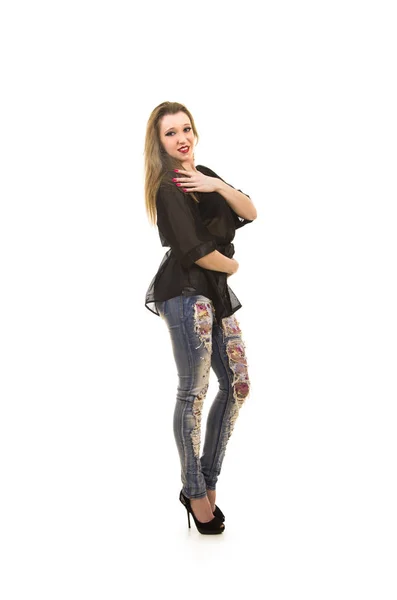 Menina Cabelo Comprido Jeans Posando Estúdio Imagem Isolada Sobre Fundo — Fotografia de Stock