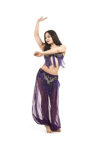 Attractive Brunette Girl Long Hair Dancing Belly Dance Isolated White — Stock Photo, Image