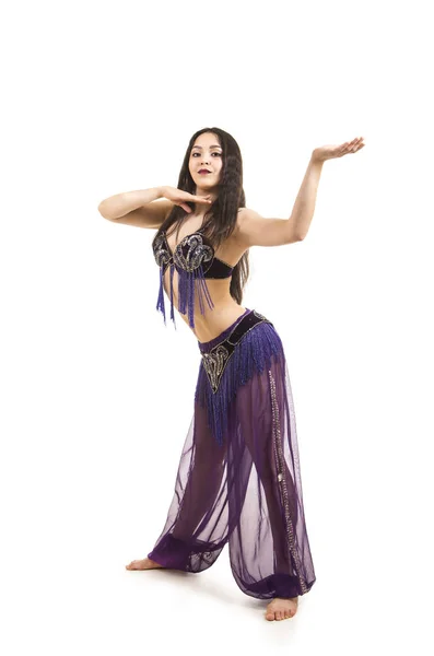 Attractive Brunette Girl Long Hair Dancing Belly Dance Isolated White — Stock Photo, Image