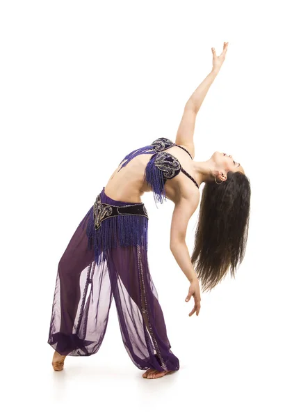 Attractive Brunette Girl Long Hair Dancing Belly Dance Isolated White — Stock Photo, Image