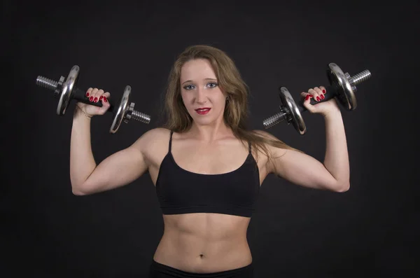 Une Jeune Femme Forme Avec Des Haltères Studio Tourné Sur — Photo