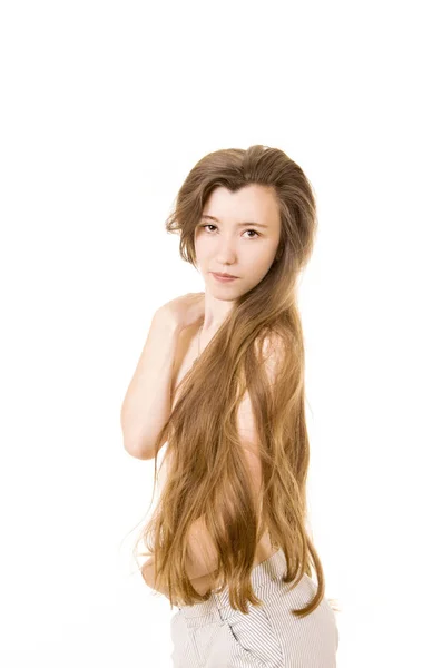 Емоційний Портрет Оголеної Молодої Жінки Дуже Довгим Волоссям Студійна Зйомка — стокове фото