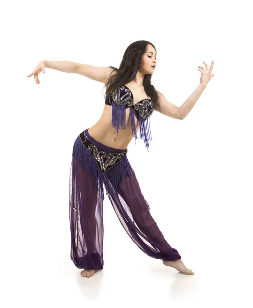 Attractive Brunette Girl Long Hair Dancing Belly Dance Isolated White — Stock Photo, Image