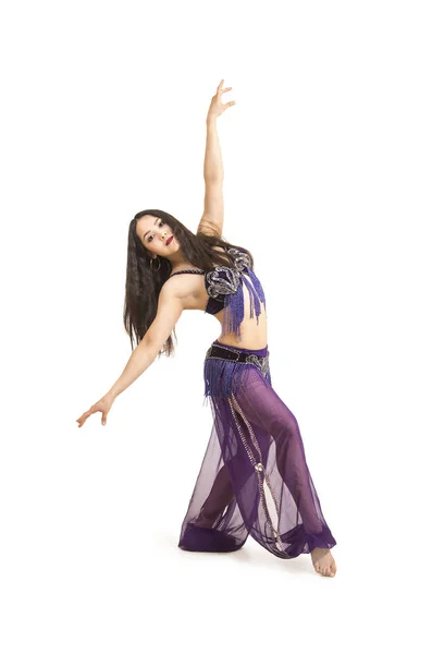 Attractive Brunette Girl Long Hair Dancing Belly Dance Isolated White — Stock Photo, Image