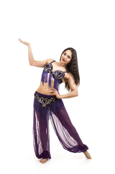 Attractive Brunette Girl Long Hair Dancing Belly Dance Isolated White — Stock Photo, Image